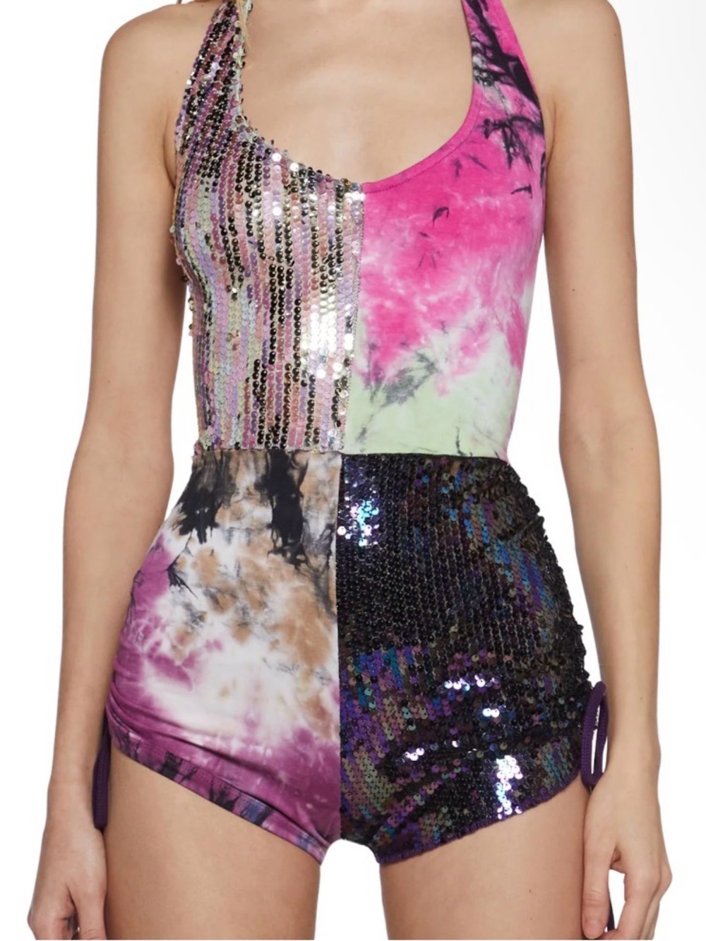 Club Exx Sequin Tie-Dye Romper in Pink, Black, Green and Purple